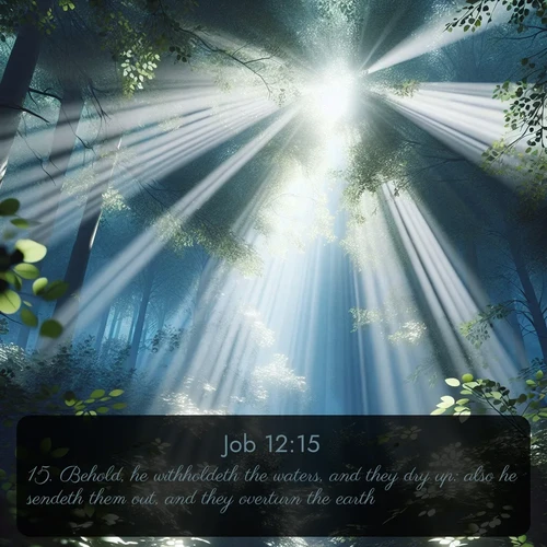 citation biblique : 15. Behold, he withholdeth the waters, and they dry up: also he sendeth them out, and they overturn the earth.
 sur fond image nature