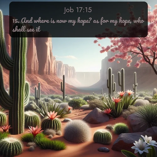 KJV Job  ; image nature: image with the bible verse :And where is now my hope? as for my hope, who shall see it? ; Admire Bible verse images featuring tranquil rivers, golden fields, and starry heavens. These free-to-download images make inspiring wallpapers or thoughtful gifts. Download KJV Job 17:15 now. Current verse is overlayed with the thematic nature scene : Desert cacti burst with spring blooms against red sandstone formations. ; 17:15