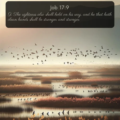 citation biblique : 9. The righteous also shall hold on his way, and he that hath clean hands shall be stronger and stronger.
 sur fond image nature