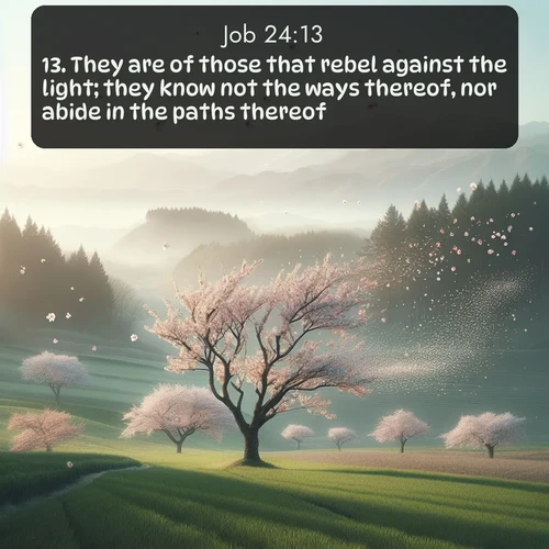 KJV Job  ; image nature: image with the bible verse :They are of those that rebel against the light; they know not the ways thereof, nor abide in the paths thereof. ; Dive into our collection of Bible verses paired with coastal scenes, featuring calming waves, infinite beaches, and reflections of the sun on the water. These images evoke the peace and beauty of God. Share verses like KJV Job 24:13. Current verse is overlayed with the thematic nature scene : Spring winds scatter cherry blossoms like snow. ; 24:13