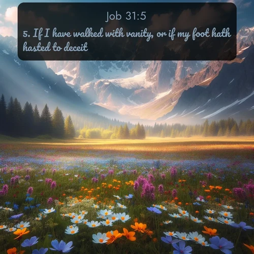 KJV Job  ; image nature: image with the bible verse :If I have walked with vanity, or if my foot hath hasted to deceit; ; Download inspiring Bible verse images featuring stunning natural vistas, from tropical islands to rolling hills. These free images make perfect wallpapers or gifts. Share verses like KJV Job 31:5. Current verse is overlayed with the thematic nature scene : Spring wildflowers carpet an alpine meadow beneath snow-capped peaks. ; 31:5