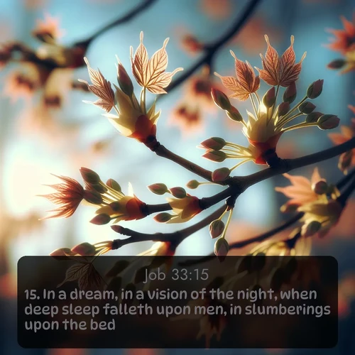 KJV Job  ; image nature: image with the bible verse :In a dream, in a vision of the night, when deep sleep falleth upon men, in slumberings upon the bed; ; Admire stunning Bible verse images paired with photos of peaceful landscapes, such as foggy mornings, serene rivers, and blooming gardens. Download these free images and share verses like KJV Job 33:15. Current verse is overlayed with the thematic nature scene : Spring buds burst open on maple branches against a blue sky. ; 33:15