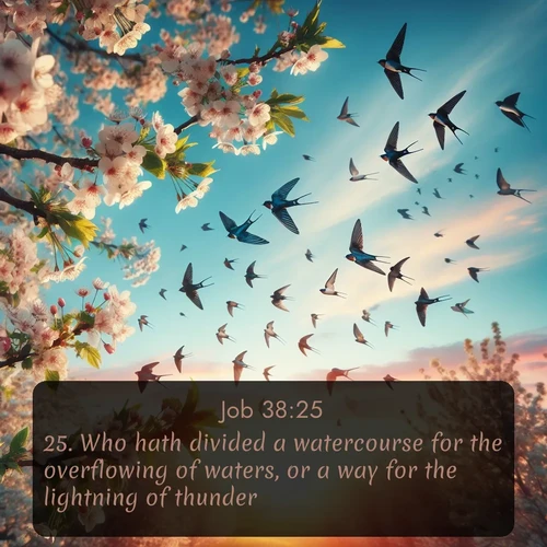 citation biblique : 25. Who hath divided a watercourse for the overflowing of waters, or a way for the lightning of thunder;
 sur fond image nature