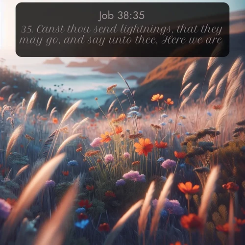 citation biblique : 35. Canst thou send lightnings, that they may go, and say unto thee, Here we are?
 sur fond image nature