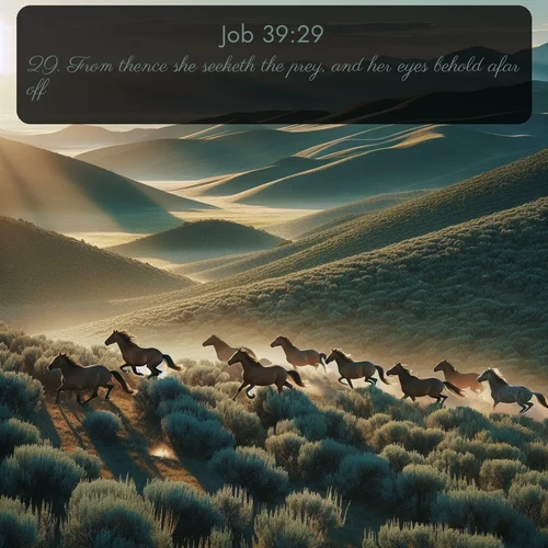 KJV Job 39:29 overlaying nature image scene: Wild mustangs gallop across sage-covered hills in the morning light.;29. From thence she seeketh the prey, and her eyes behold afar off.