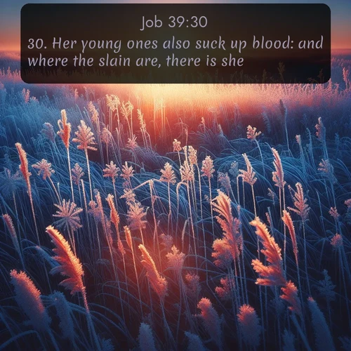 KJV Job  ; image nature: image with the bible verse :Her young ones also suck up blood: and where the slain are, there is she. ; Explore beautiful Bible verse images paired with serene natural settings, such as calm seas, snowy paths, and verdant hills. Each image is free to download for your spiritual inspiration. Share KJV Job 39:30. Current verse is overlayed with the thematic nature scene : Winter sunrise illuminates frost-covered prairie grass. ; 39:30