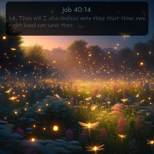 KJV Job  ; image nature: image with the bible verse :Then will I also confess unto thee that thine own right hand can save thee. ; Discover a unique collection of Bible verses adorned with winter landscapes, such as snow-covered forests, gently falling snowflakes, and pristine mountains. These images evoke the peace and purity of God&#039;s creation. Share verses like KJV Job 40:14. Current verse is overlayed with the thematic nature scene : Fireflies dance above a spring meadow filled with singing crickets. ; 40:14