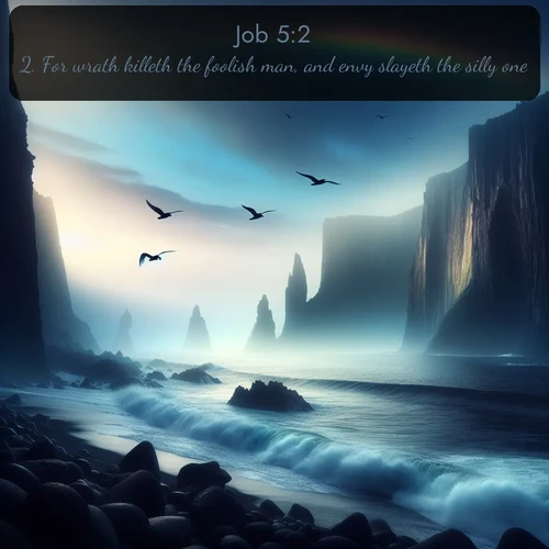 KJV Job  ; image nature: image with the bible verse :For wrath killeth the foolish man, and envy slayeth the silly one. ; Admire our gallery of Bible verse images paired with serene nature photography, featuring starlit skies, golden sands, and blooming wildflowers. Download and share verses like KJV Job 5:2. Current verse is overlayed with the thematic nature scene : Ocean waves crash against volcanic cliffs as seabirds wheel overhead, creating momentary rainbows. ; 5:2