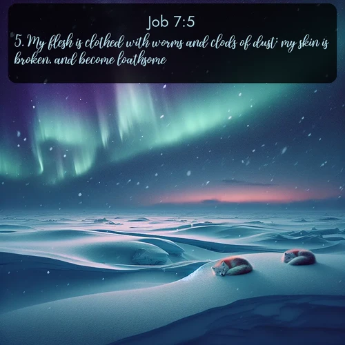 KJV Job  ; image nature: image with the bible verse :My flesh is clothed with worms and clods of dust; my skin is broken, and become loathsome. ; Dive into our collection of Bible verse images beautifully illustrated with beach photos, featuring gentle waves, sunsets over the sea, and sandy shores. These scenes evoke the peace and majesty of God. Download and share inspiring verses like KJV Job 7:5. Current verse is overlayed with the thematic nature scene : Northern lights dance across the frozen tundra in ribbons of green and purple. Snow falls silently on sleeping arctic foxes. ; 7:5