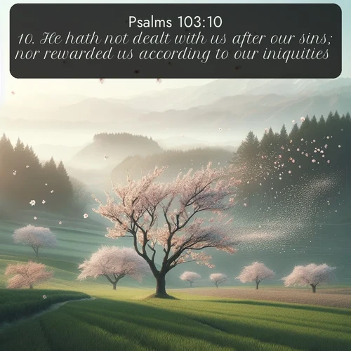 KJV Psalms  ; image nature: image with the bible verse :He hath not dealt with us after our sins; nor rewarded us according to our iniquities. ; Dive into a gallery of Bible verses illustrated by tropical beach scenes, featuring sparkling waves, seashells, and radiant sunrises. These images evoke divine peace and joy. Download and share inspiring verses like KJV Psalms 103:10. Current verse is overlayed with the thematic nature scene : Spring winds scatter cherry blossoms like snow. ; 103:10
