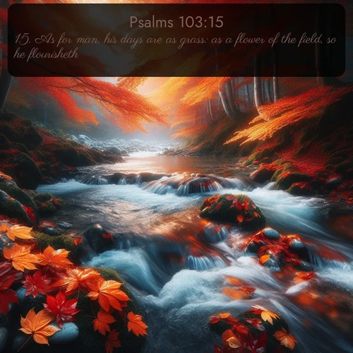 KJV Psalms  ; image nature: image with the bible verse :As for man, his days are as grass: as a flower of the field, so he flourisheth. ; Discover Bible verses beautifully integrated with natural scenes of varied seasons, featuring summer skies, winter snow, autumn leaves, and spring blooms. Each image captures the splendor and peace of God&#039;s creation. Share verses like KJV Psalms 103:15. Current verse is overlayed with the thematic nature scene : Autumn leaves swirl in eddies along a mountain stream. ; 103:15