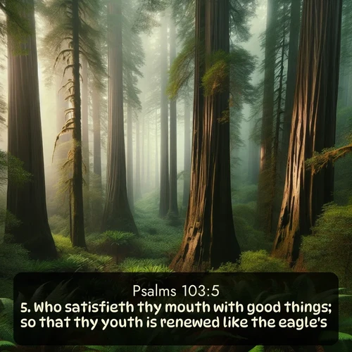 KJV Psalms  ; image nature: image with the bible verse :Who satisfieth thy mouth with good things; so that thy youth is renewed like the eagle&#039;s. ; Discover a unique collection of Bible verses adorned with winter landscapes, such as snow-covered forests, gently falling snowflakes, and pristine mountains. These images evoke the peace and purity of God&#039;s creation. Share verses like KJV Psalms 103:5. Current verse is overlayed with the thematic nature scene : Coastal redwoods disappear into the fog high above a fern grove. ; 103:5