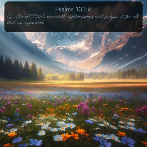 KJV Psalms  ; image nature: image with the bible verse :The LORD executeth righteousness and judgment for all that are oppressed. ; Admire our free collection of Bible verse images with beautiful landscapes like sunlit forests, rippling waters, and radiant dawns. Each verse, such as KJV Psalms 103:6, is ready to download and share. Current verse is overlayed with the thematic nature scene : Spring wildflowers carpet an alpine meadow beneath snow-capped peaks. ; 103:6