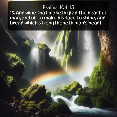 citation biblique : 15. And wine that maketh glad the heart of man, and oil to make his face to shine, and bread which strengtheneth man&#039;s heart.
 sur fond image nature