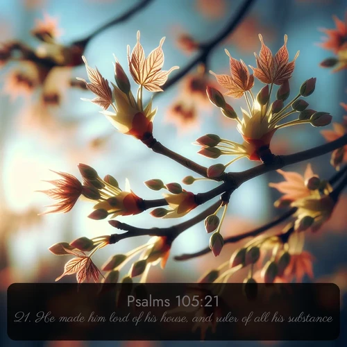citation biblique : 21. He made him lord of his house, and ruler of all his substance:
 sur fond image nature