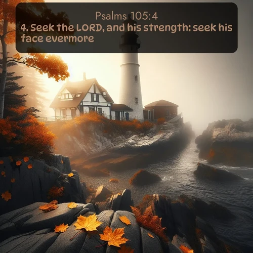 KJV Psalms  ; image nature: image with the bible verse :Seek the LORD, and his strength: seek his face evermore. ; Dive into a gallery of Bible verses illustrated by tropical beach scenes, featuring sparkling waves, seashells, and radiant sunrises. These images evoke divine peace and joy. Download and share inspiring verses like KJV Psalms 105:4. Current verse is overlayed with the thematic nature scene : Autumn fog shrouds a lighthouse on rocky shores. ; 105:4
