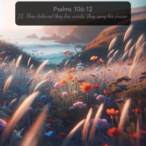 KJV Psalms  ; image nature: image with the bible verse :Then believed they his words; they sang his praise. ; Explore an exceptional collection of Bible verse images accompanied by photos of nature, showcasing snowy mountains, serene forests, and still lakes. These images feature luminous tones and varied fonts to bring serenity and inspiration. Share uplifting verses like KJV Psalms 106:12. Current verse is overlayed with the thematic nature scene : Summer wildflowers wave in the breeze on coastal bluffs. ; 106:12