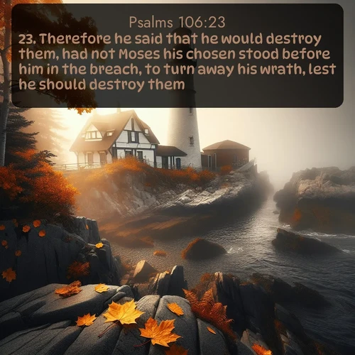 citation biblique : 23. Therefore he said that he would destroy them, had not Moses his chosen stood before him in the breach, to turn away his wrath, lest he should destroy them.
 sur fond image nature