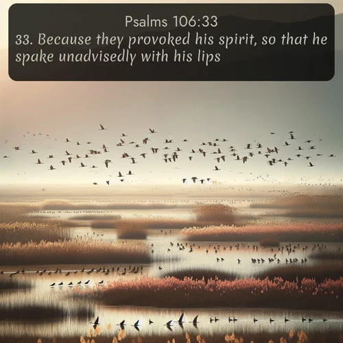 KJV Psalms  ; image nature: image with the bible verse :Because they provoked his spirit, so that he spake unadvisedly with his lips. ; Explore a collection of Bible verses paired with springtime scenes, featuring blooming flowers, lush meadows, and trees in full bloom. These images symbolize divine renewal and hope. Download inspiring verses like KJV Psalms 106:33. Current verse is overlayed with the thematic nature scene : Spring migration fills marshlands with calling birds. ; 106:33