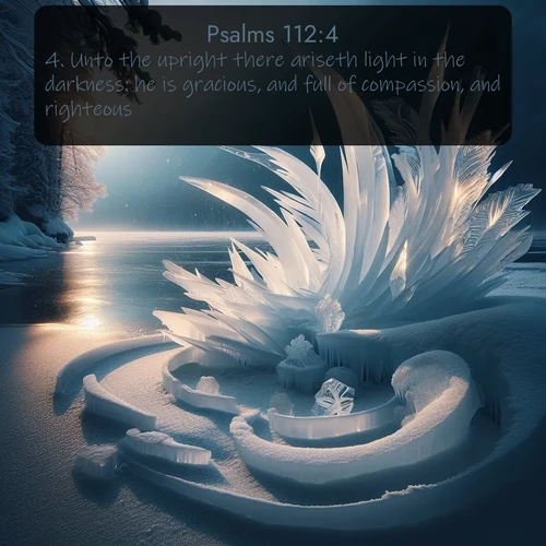 KJV Psalms  ; image nature: image with the bible verse :Unto the upright there ariseth light in the darkness: he is gracious, and full of compassion, and righteous. ; Discover beautiful Bible verse images enriched with natural landscapes, from serene beaches to cascading waterfalls. All images are free and ready to download. Share verses such as KJV Psalms 112:4. Current verse is overlayed with the thematic nature scene : Winter ice forms abstract sculptures along a lake shore. ; 112:4