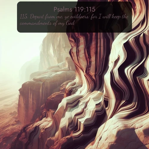 KJV Psalms  ; image nature: image with the bible verse :Depart from me, ye evildoers: for I will keep the commandments of my God. ; Admire stunning Bible verse images paired with photos of peaceful landscapes, such as foggy mornings, serene rivers, and blooming gardens. Download these free images and share verses like KJV Psalms 119:115. Current verse is overlayed with the thematic nature scene : Desert varnish stains cliff faces in abstract patterns. ; 119:115