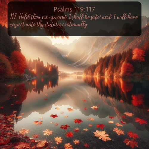 KJV Psalms  ; image nature: image with the bible verse :Hold thou me up, and I shall be safe: and I will have respect unto thy statutes continually. ; Browse high-resolution Bible verse images featuring stunning nature photography, such as radiant sunsets, tranquil rivers, and blooming fields. Perfect for wallpapers or sharing on social media. Download KJV Psalms 119:117. Current verse is overlayed with the thematic nature scene : Autumn leaves scatter across mirror-like mountain lakes. ; 119:117