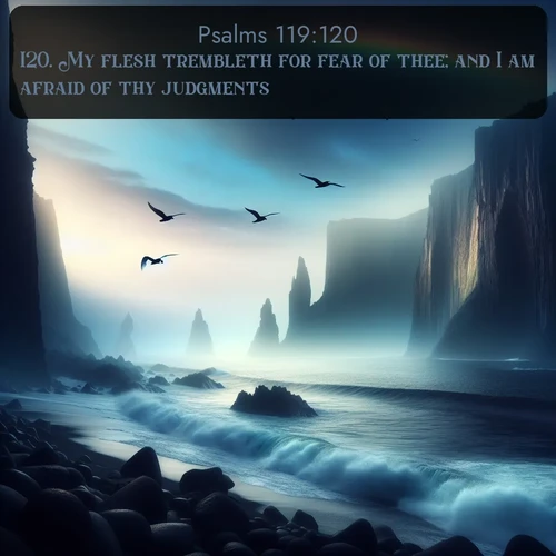 KJV Psalms  ; image nature: image with the bible verse :My flesh trembleth for fear of thee; and I am afraid of thy judgments. ; Admire Bible verse images illustrated by summer photos, such as sunny beaches, sparkling waves, and swaying palm trees. These bright scenes highlight the joy and warmth of God&#039;s creation. Download and share verses like KJV Psalms 119:120. Current verse is overlayed with the thematic nature scene : Ocean waves crash against volcanic cliffs as seabirds wheel overhead, creating momentary rainbows. ; 119:120