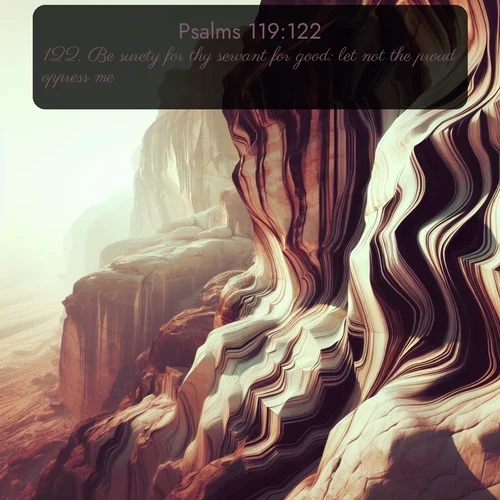 KJV Psalms  ; image nature: image with the bible verse :Be surety for thy servant for good: let not the proud oppress me. ; Browse our library of beautiful Bible verse images, perfect for wallpapers or sharing. Each verse is paired with serene natural landscapes like misty mountains, calming beaches, and colorful sunsets. Download and enjoy verses such as KJV Psalms 119:122. Current verse is overlayed with the thematic nature scene : Desert varnish stains cliff faces in abstract patterns. ; 119:122