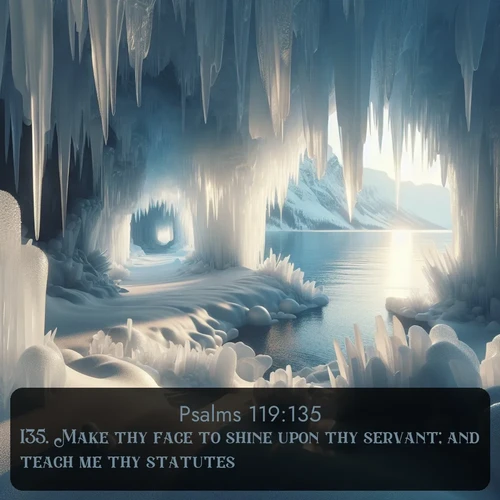 KJV Psalms  ; image nature: image with the bible verse :Make thy face to shine upon thy servant; and teach me thy statutes. ; Browse beautiful Bible verse images accompanied by peaceful scenes like calm seas, ancient forests, and radiant horizons. Download high-quality, free images featuring verses such as KJV Psalms 119:135. Current verse is overlayed with the thematic nature scene : Winter ice forms crystal caves along lake cliffs. ; 119:135