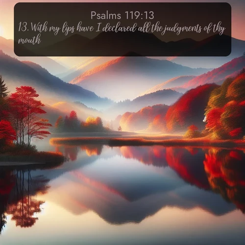 KJV Psalms  ; image nature: image with the bible verse :With my lips have I declared all the judgments of thy mouth. ; Explore our gallery of inspiring Bible verse images showcasing divine beauty through nature. Download scenic images like snowy peaks, lush meadows, or radiant sunsets paired with verses like KJV Psalms 119:13. Current verse is overlayed with the thematic nature scene : Autumn colors reflect in a still mountain lake at sunrise. ; 119:13