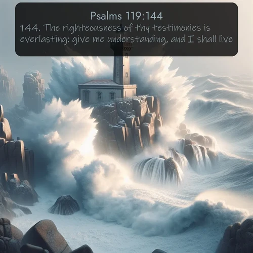 KJV Psalms  ; image nature: image with the bible verse :The righteousness of thy testimonies is everlasting: give me understanding, and I shall live. ; Admire Bible images evoking autumn, with warm colors of fallen leaves, harvested fields, and tranquil woods. These inspiring landscapes reflect the transition and beauty of God&#039;s creation. Download verses like KJV Psalms 119:144. Current verse is overlayed with the thematic nature scene : Winter storms send massive waves crashing against lighthouse rocks. ; 119:144