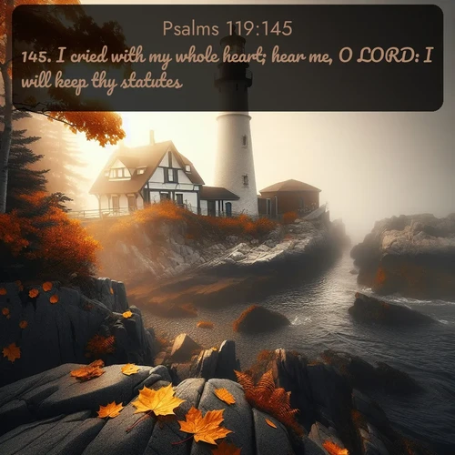 KJV Psalms  ; image nature: image with the bible verse :I cried with my whole heart; hear me, O LORD: I will keep thy statutes. ; Explore an exceptional collection of Bible verse images accompanied by photos of nature, showcasing snowy mountains, serene forests, and still lakes. These images feature luminous tones and varied fonts to bring serenity and inspiration. Share uplifting verses like KJV Psalms 119:145. Current verse is overlayed with the thematic nature scene : Autumn fog shrouds a lighthouse on rocky shores. ; 119:145