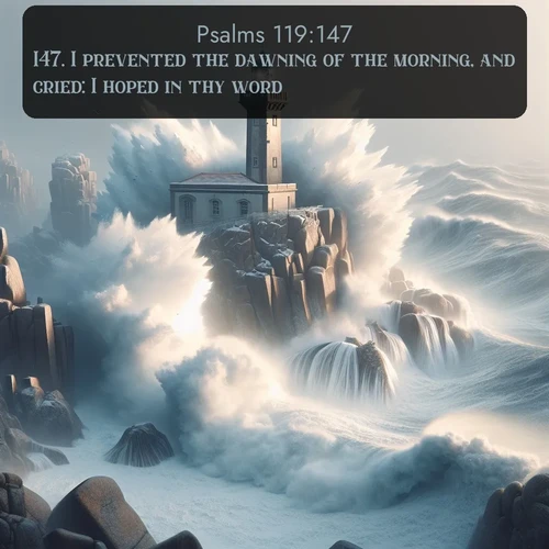 KJV Psalms  ; image nature: image with the bible verse :I prevented the dawning of the morning, and cried: I hoped in thy word. ; Explore a rich collection of Bible verse images beautifully illustrated by natural landscapes, such as colorful skies, towering mountains, and tranquil rivers. The images highlight the serenity of God&#039;s creation with vivid tones and carefully chosen typography. Download and share inspiring verses like KJV Psalms 119:147. Current verse is overlayed with the thematic nature scene : Winter storms send massive waves crashing against lighthouse rocks. ; 119:147