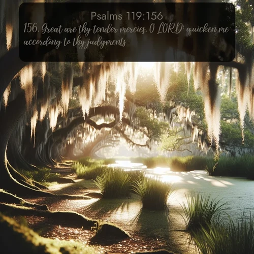 KJV Psalms  ; image nature: image with the bible verse :Great are thy tender mercies, O LORD: quicken me according to thy judgments. ; Browse our collection of Bible verses paired with captivating photos of God’s creation, like crystal-clear lakes, majestic cliffs, and colorful skies. All images are free for download and sharing. Verse examples include KJV Psalms 119:156. Current verse is overlayed with the thematic nature scene : Summer afternoon light filters through Spanish moss in a bayou. ; 119:156