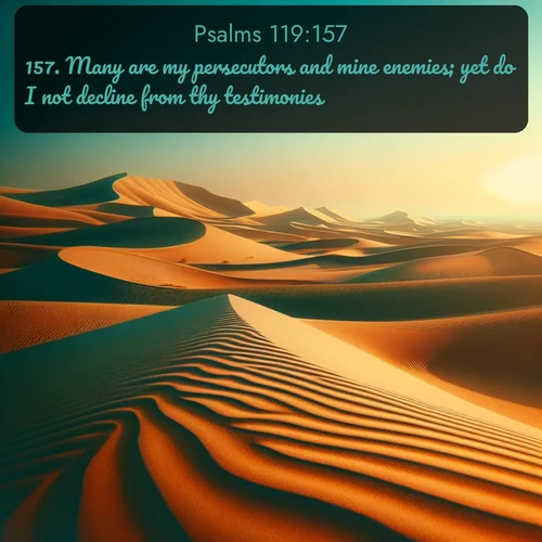 KJV Psalms  ; image nature: image with the bible verse :Many are my persecutors and mine enemies; yet do I not decline from thy testimonies. ; Admire Bible verse images illustrated by summer photos, such as sunny beaches, sparkling waves, and swaying palm trees. These bright scenes highlight the joy and warmth of God&#039;s creation. Download and share verses like KJV Psalms 119:157. Current verse is overlayed with the thematic nature scene : Desert dunes ripple endlessly under the scorching sun, their golden crests sharp against the azure sky. A sidewinder&#039;s tracks weave delicate patterns in the sand. ; 119:157