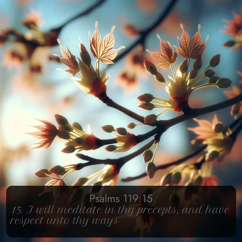 KJV Psalms  ; image nature: image with the bible verse :I will meditate in thy precepts, and have respect unto thy ways. ; Download high-resolution Bible verse images showcasing the beauty of God&#039;s creation—from radiant sunsets to tranquil rivers. Free for use as wallpapers or sharing verses like KJV Psalms 119:15. Current verse is overlayed with the thematic nature scene : Spring buds burst open on maple branches against a blue sky. ; 119:15