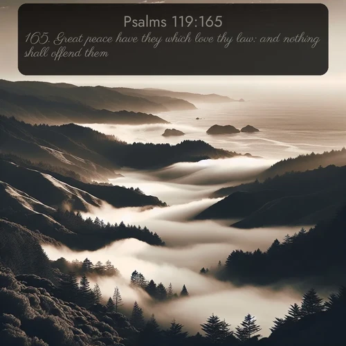 KJV Psalms  ; image nature: image with the bible verse :Great peace have they which love thy law: and nothing shall offend them. ; Explore an exceptional collection of Bible verse images accompanied by photos of nature, showcasing snowy mountains, serene forests, and still lakes. These images feature luminous tones and varied fonts to bring serenity and inspiration. Share uplifting verses like KJV Psalms 119:165. Current verse is overlayed with the thematic nature scene : Coastal fog rolls inland through gaps in seaside hills. ; 119:165