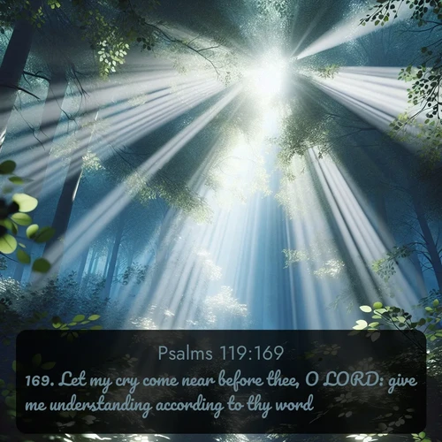 KJV Psalms  ; image nature: image with the bible verse :Let my cry come near before thee, O LORD: give me understanding according to thy word. ; Browse our selection of stunning Bible verse images featuring unique natural scenes like fiery autumn forests, serene meadows, and starlit skies. Download and share verses like KJV Psalms 119:169 for free. Current verse is overlayed with the thematic nature scene : Summer light filters through forest canopy like stained glass. ; 119:169