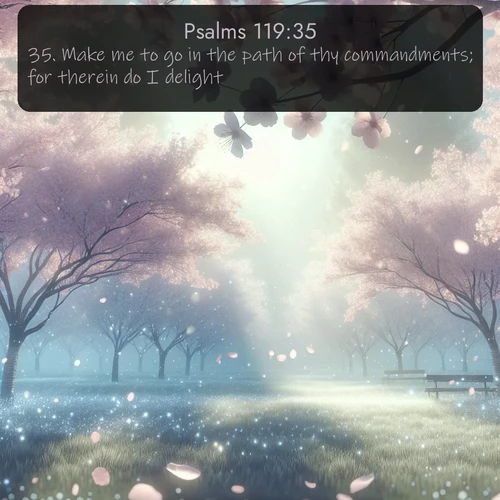 KJV Psalms  ; image nature: image with the bible verse :Make me to go in the path of thy commandments; for therein do I delight. ; Browse our selection of stunning Bible verse images featuring unique natural scenes like fiery autumn forests, serene meadows, and starlit skies. Download and share verses like KJV Psalms 119:35 for free. Current verse is overlayed with the thematic nature scene : Spring rain falls on cherry trees in full bloom, petals drifting like snow. ; 119:35