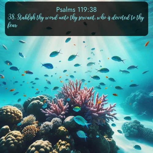 KJV Psalms  ; image nature: image with the bible verse :Stablish thy word unto thy servant, who is devoted to thy fear. ; Admire Bible verse images capturing the beauty of beaches, with turquoise waters, palm trees, and peaceful shores. These soothing scenes reflect God&#039;s serenity and majesty. Download and share verses like KJV Psalms 119:38. Current verse is overlayed with the thematic nature scene : Tropical fish dart through coral reefs in crystal-clear waters. ; 119:38
