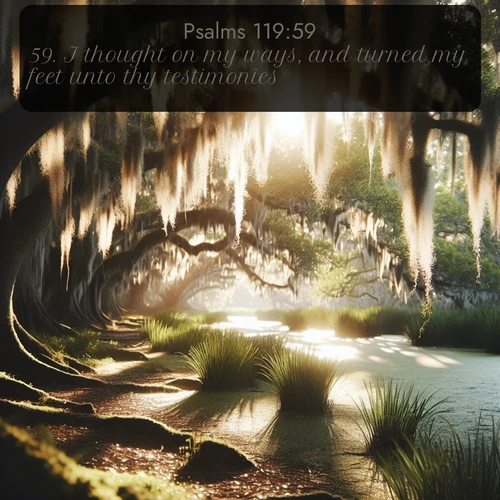 KJV Psalms  ; image nature: image with the bible verse :I thought on my ways, and turned my feet unto thy testimonies. ; Dive into our collection of Bible verse images beautifully illustrated with beach photos, featuring gentle waves, sunsets over the sea, and sandy shores. These scenes evoke the peace and majesty of God. Download and share inspiring verses like KJV Psalms 119:59. Current verse is overlayed with the thematic nature scene : Summer afternoon light filters through Spanish moss in a bayou. ; 119:59