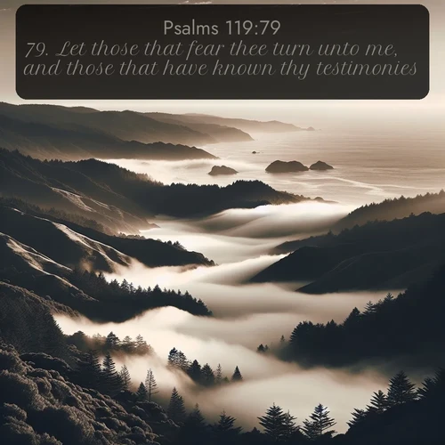 KJV Psalms  ; image nature: image with the bible verse :Let those that fear thee turn unto me, and those that have known thy testimonies. ; Download stunning Bible verse images paired with nature scenes like rolling clouds, sparkling waters, and vibrant flower fields. These free images are perfect for spiritual reflection or wallpaper use. Share KJV Psalms 119:79. Current verse is overlayed with the thematic nature scene : Coastal fog rolls inland through gaps in seaside hills. ; 119:79