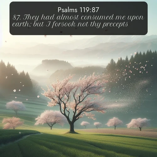 KJV Psalms  ; image nature: image with the bible verse :They had almost consumed me upon earth; but I forsook not thy precepts. ; Discover our unique collection of Bible verse images integrated with photos showcasing the majesty of nature, such as rocky mountains, ancient trees, and crystal-clear lakes. These images feature luminous colors and text in varied fonts, reflecting the harmony of God&#039;s creation. Download verses like KJV Psalms 119:87. Current verse is overlayed with the thematic nature scene : Spring winds scatter cherry blossoms like snow. ; 119:87