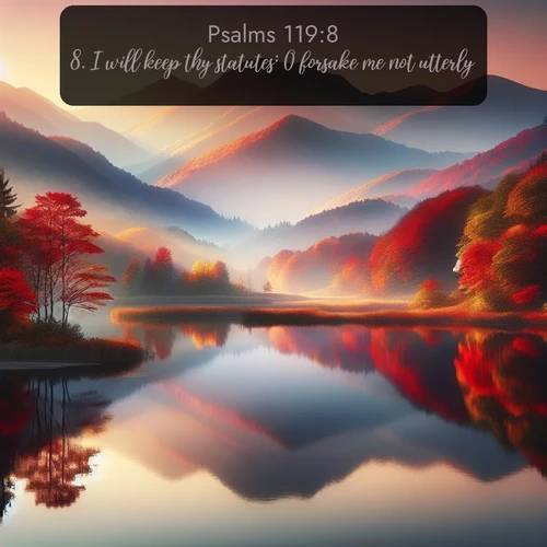 KJV Psalms  ; image nature: image with the bible verse :I will keep thy statutes: O forsake me not utterly. ; Browse a gallery of Bible verses paired with summer scenes, such as golden wheat fields, bright skies, and sunny beaches. These images convey the joy and warmth of God&#039;s creation. Download and share verses like KJV Psalms 119:8. Current verse is overlayed with the thematic nature scene : Autumn colors reflect in a still mountain lake at sunrise. ; 119:8