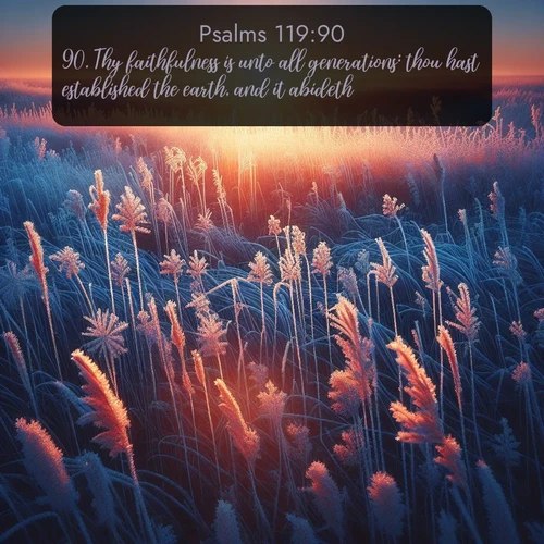 KJV Psalms  ; image nature: image with the bible verse :Thy faithfulness is unto all generations: thou hast established the earth, and it abideth. ; Discover Bible images adorned with spring landscapes, like tulip fields, cherry blossoms, and green hills. These bright scenes symbolize God&#039;s renewal and grace. Download verses like KJV Psalms 119:90. Current verse is overlayed with the thematic nature scene : Winter sunrise illuminates frost-covered prairie grass. ; 119:90