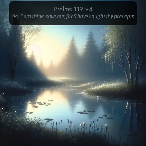 KJV Psalms  ; image nature: image with the bible verse :I am thine, save me; for I have sought thy precepts. ; Explore Bible verse images beautifully illustrated with spring scenes, such as blooming meadows, trees in full bloom, and tranquil streams. These landscapes convey divine hope and vitality. Download and share verses like KJV Psalms 119:94. Current verse is overlayed with the thematic nature scene : Spring peepers call from a pond reflecting the first evening stars. ; 119:94