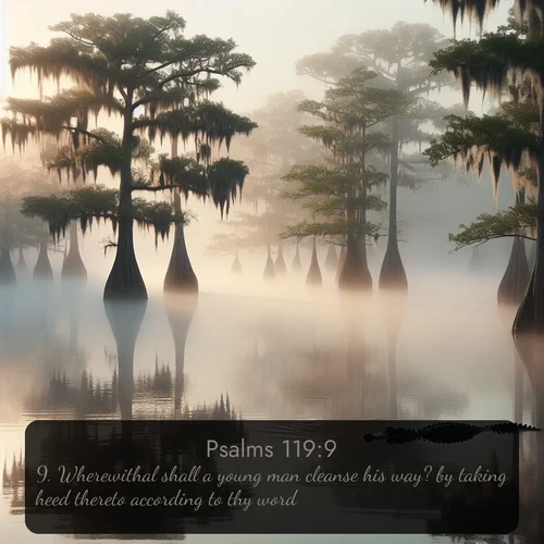 KJV Psalms  ; image nature: image with the bible verse :Wherewithal shall a young man cleanse his way? by taking heed thereto according to thy word. ; Explore winter-themed Bible verse images illustrated by snowy mountains, frost-covered branches, and clear skies. These landscapes reflect divine purity and peace. Download verses like KJV Psalms 119:9. Current verse is overlayed with the thematic nature scene : Morning fog clings to gnarled cypress trees in the swamp. An alligator glides silently through the dark water. ; 119:9