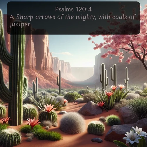 KJV Psalms  ; image nature: image with the bible verse :Sharp arrows of the mighty, with coals of juniper. ; Explore free Bible verse images with stunning nature themes, including sunlit paths, forest clearings, and endless horizons. Perfect for desktop backgrounds or phone wallpapers. Verses include KJV Psalms 120:4. Current verse is overlayed with the thematic nature scene : Desert cacti burst with spring blooms against red sandstone formations. ; 120:4