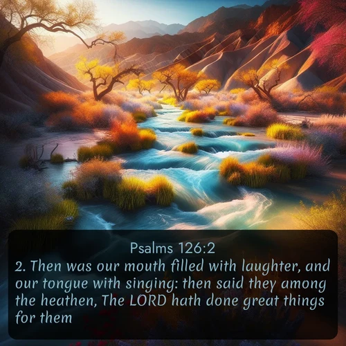 citation biblique : 2. Then was our mouth filled with laughter, and our tongue with singing: then said they among the heathen, The LORD hath done great things for them.
 sur fond image nature