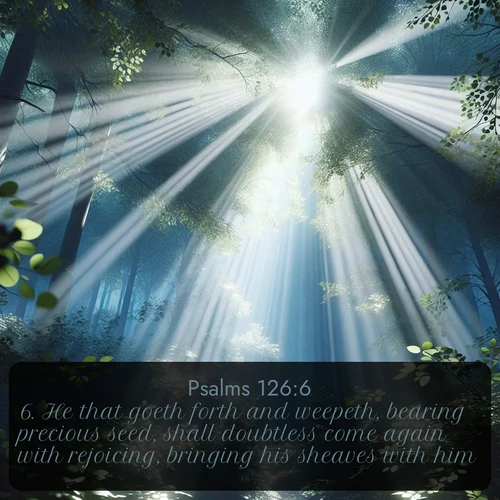 citation biblique : 6. He that goeth forth and weepeth, bearing precious seed, shall doubtless come again with rejoicing, bringing his sheaves with him.
 sur fond image nature